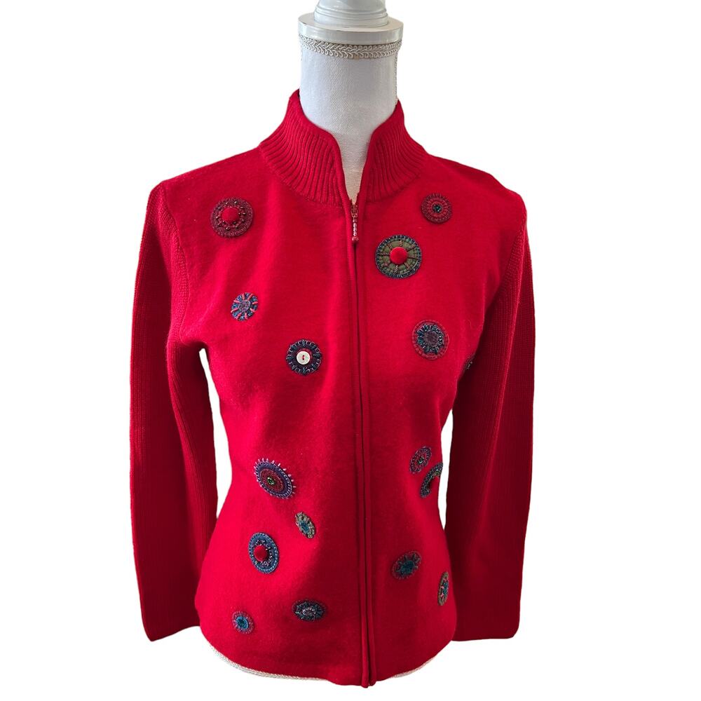 Coldwater Creek red wool Zippered Cardigan Sweater Felt Detail XS